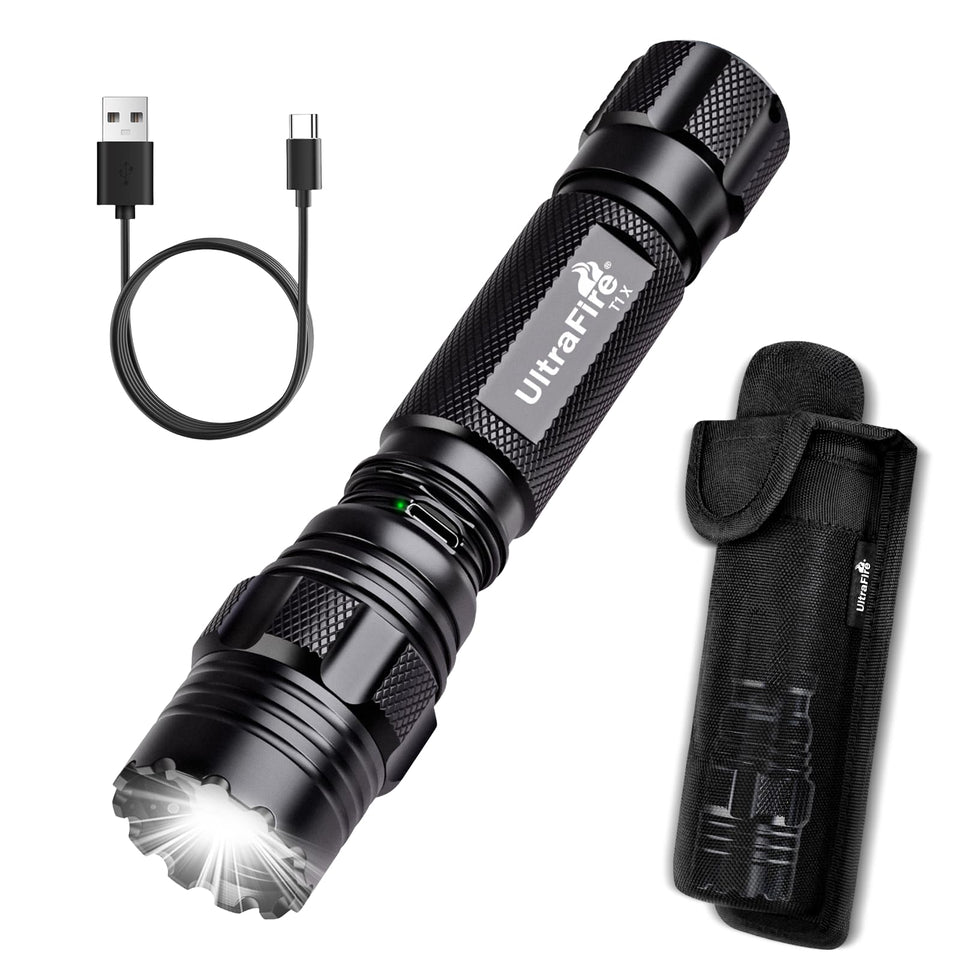 ULTRAFIRE Rechargeable Tactical Flashlight with holster for quick access on duty.