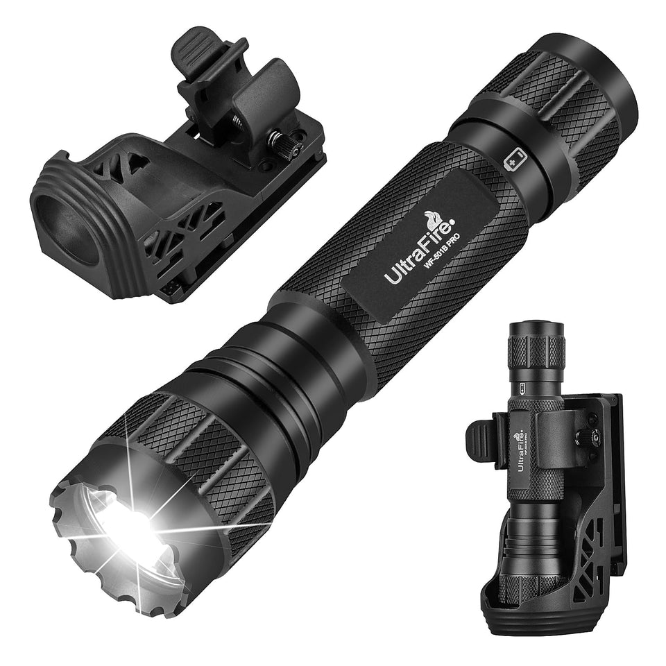 ULTRAFIRE WF-501B PRO flashlight front view showing bright 1200 lumens for outdoor tasks