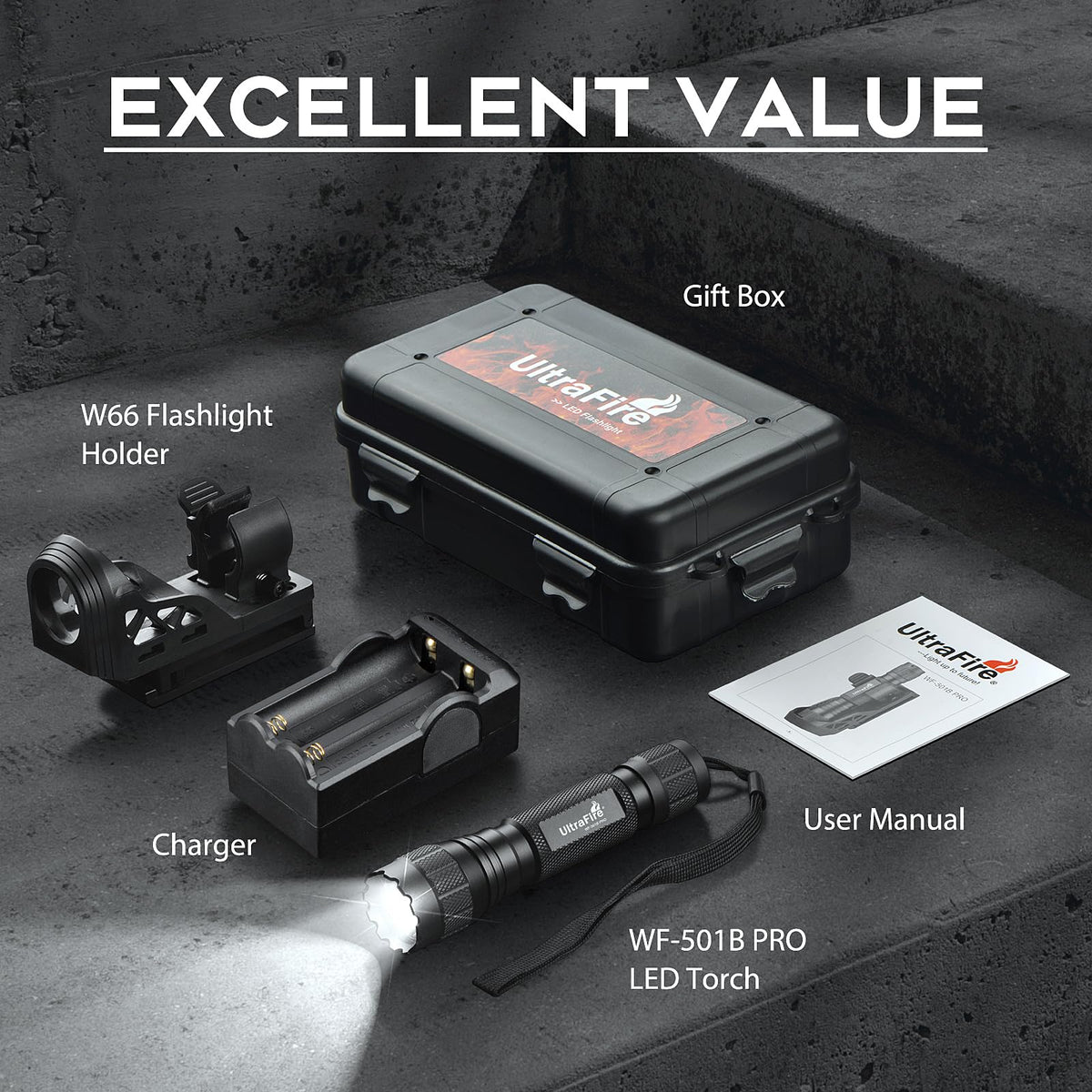 ULTRAFIRE WF-501B PRO package includes flashlight, holster, charger, and gift box