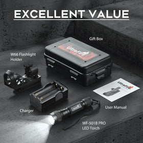 ULTRAFIRE WF-501B PRO package includes flashlight, holster, charger, and gift box