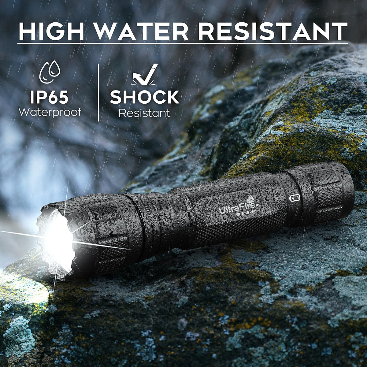 ULTRAFIRE WF-501B PRO IPX-65 waterproof rating for rain and dust durability