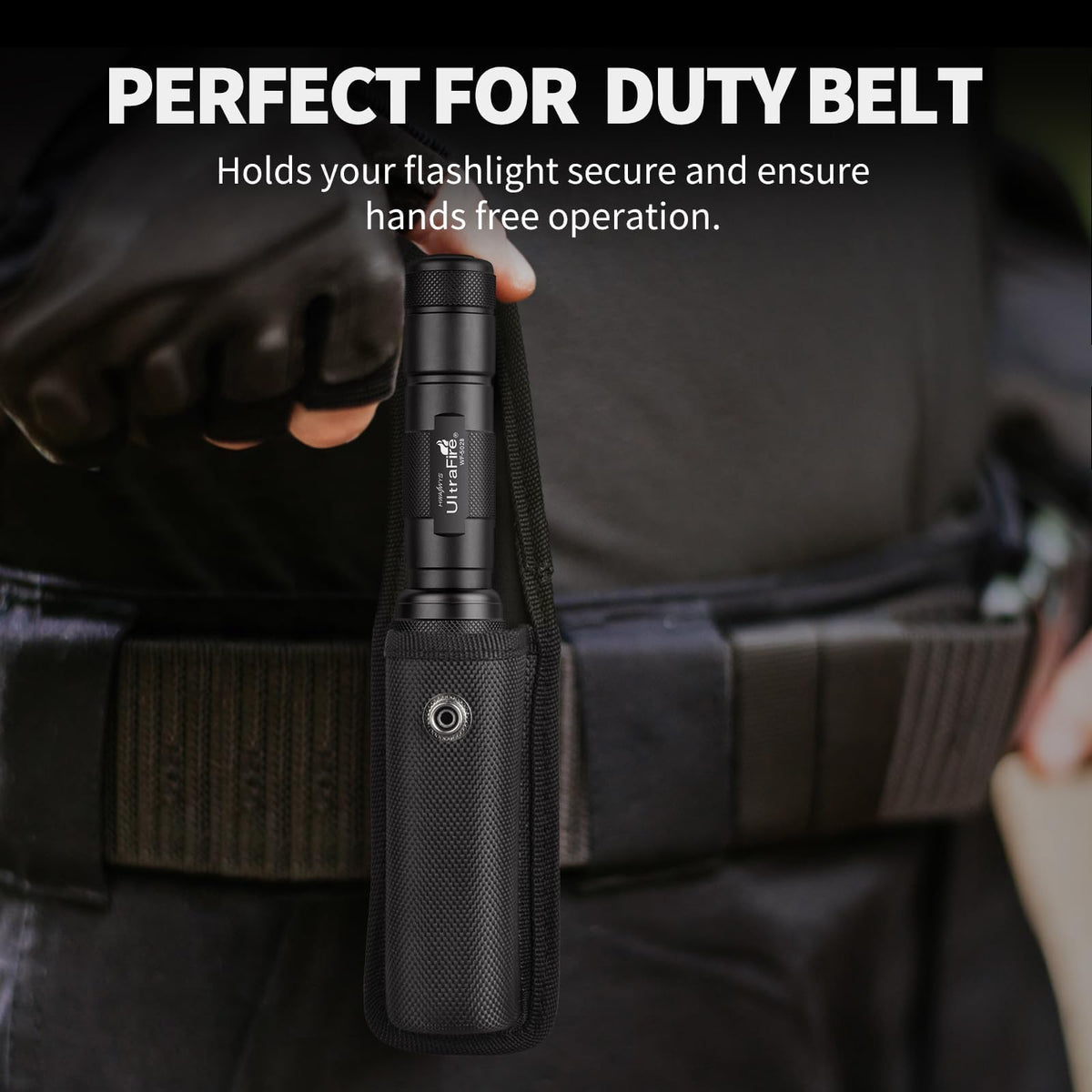 ULTRAFIRE WF-502B attached to duty belt holster for quick access