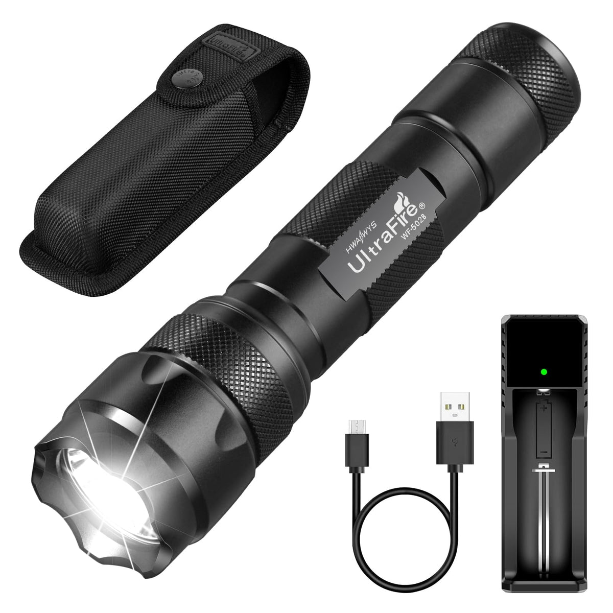ULTRAFIRE WF-502B tactical flashlight angle view for outdoor visibility