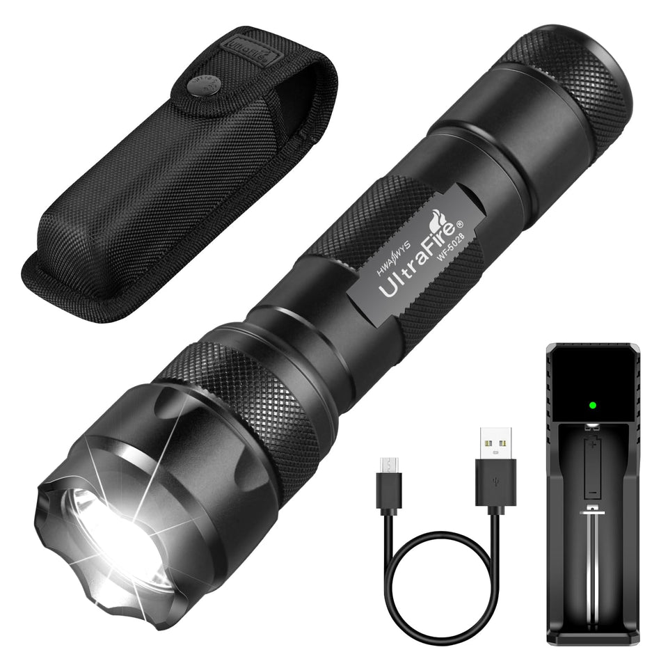 ULTRAFIRE WF-502B tactical flashlight angle view for outdoor visibility