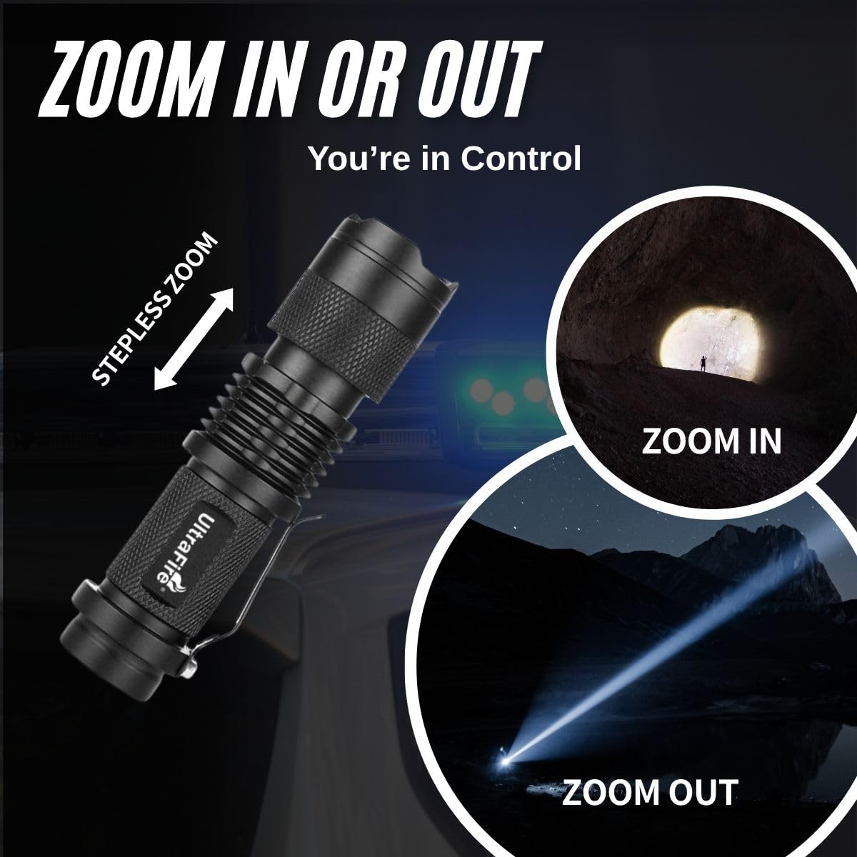ULTRAFIRE zoomable beam focuses light on targets or rooms.