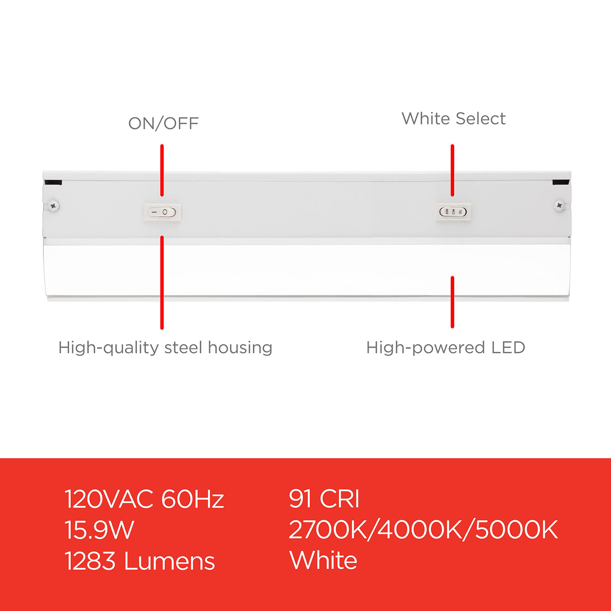 UltraPro under-cabinet light offers 2700K, 4000K, and 5000K options for customizable ambiance.