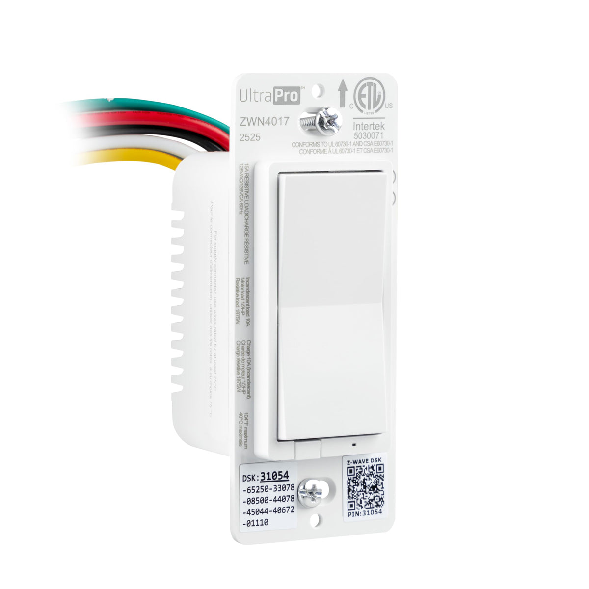 UltraPro Z-Wave dimmer wiring with flying leads close-up for easier DIY wiring.