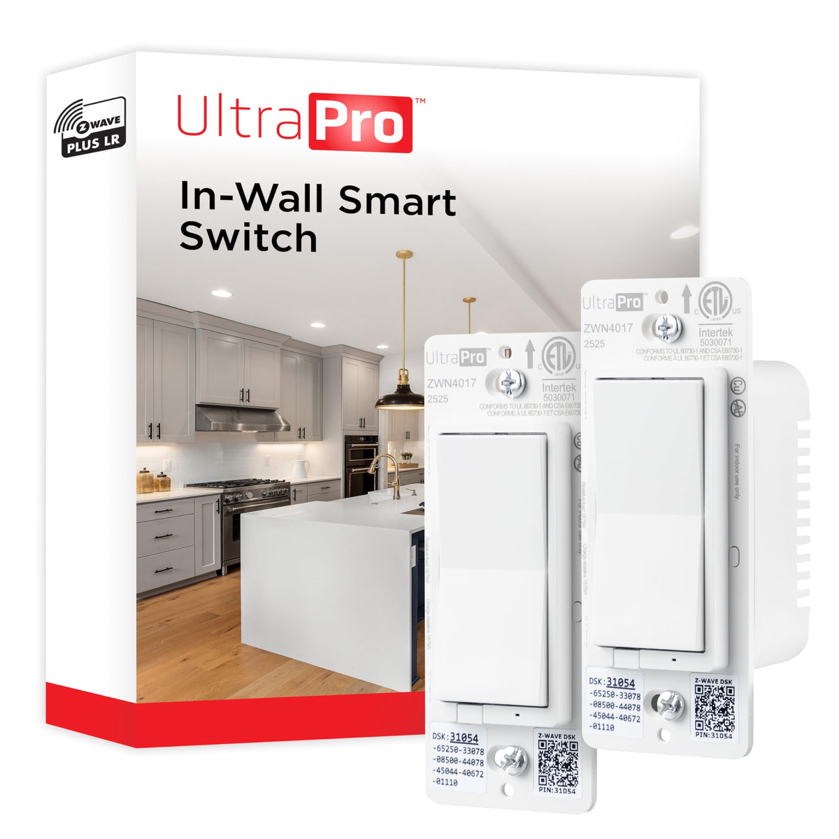 UltraPro Z-Wave Plus Long Range in-wall switch front view for smart home control.