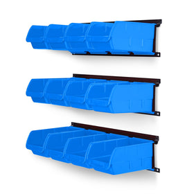 Ultrawall blue wall-mounted storage bins keep screws and nails organized for quick access.
