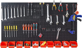 Ultrawall pegboard system helps organize garage and workspace efficiently.