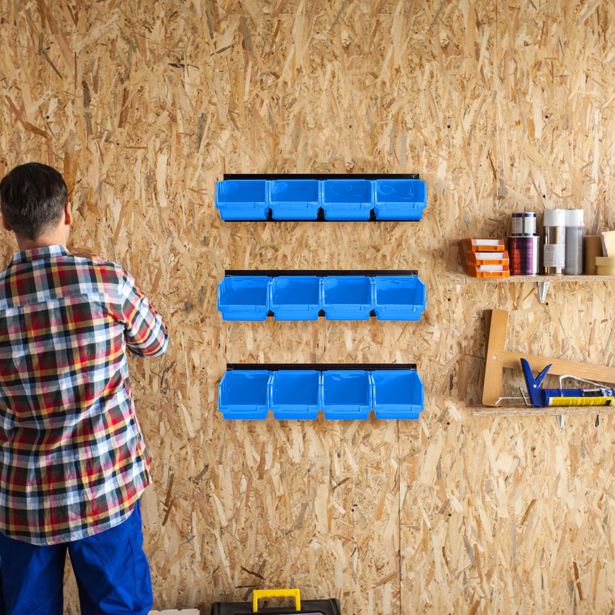 Ultrawall hardware storage blue bins for nuts, bolts, and fasteners.