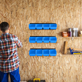 Ultrawall hardware storage blue bins for nuts, bolts, and fasteners.