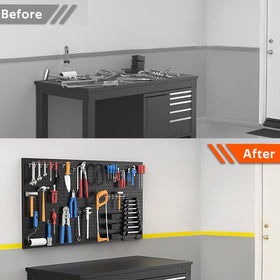 Powder-coated steel Ultrawall pegboard panel resists wear.