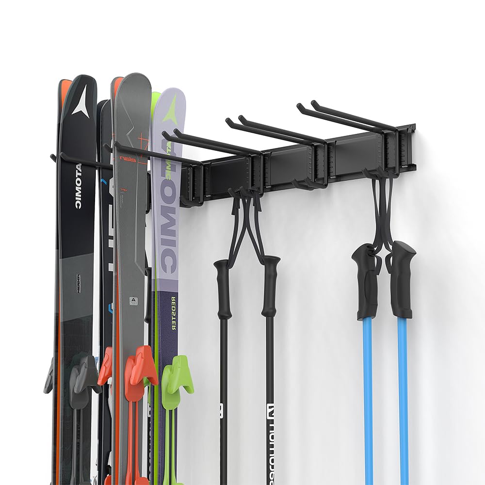 Ultrawall Ski Rack shows 10-pair capacity with adjustable hooks for varied skis