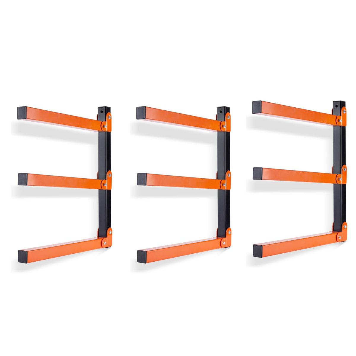 Ultrawall wall mount wood organizer rack with three levels for lumber and pipes.