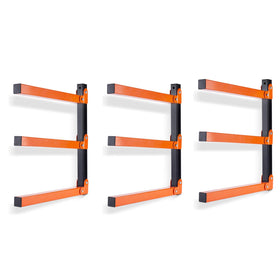 Ultrawall wall mount wood organizer rack with three levels for lumber and pipes.