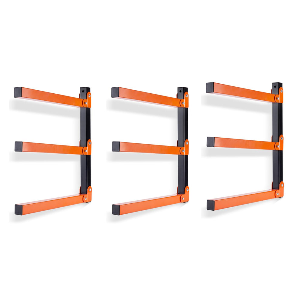 Ultrawall wall mount wood organizer rack with three levels for lumber and pipes.