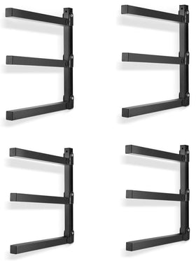 Ultrawall wall-mounted three-level lumber organizer, black finish, ideal for shed space saving.