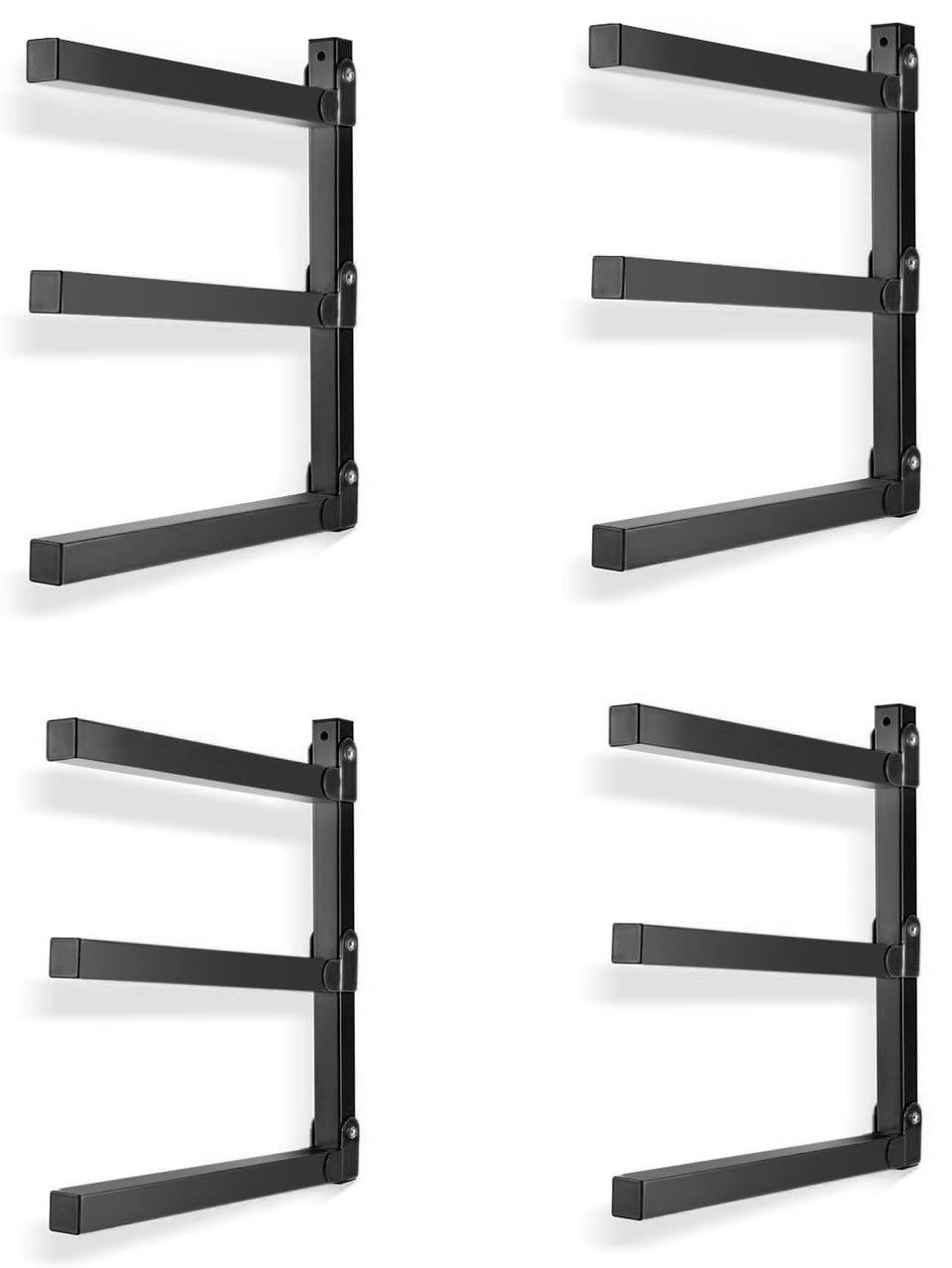 Ultrawall wall-mounted three-level lumber organizer, black finish, ideal for shed space saving.