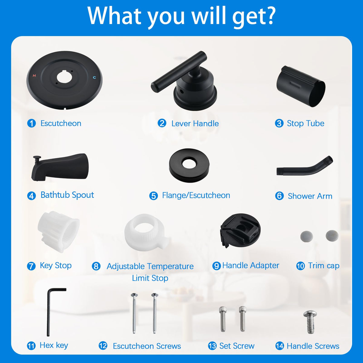 Ultrimkit packaging contents include arm flange and tub spout