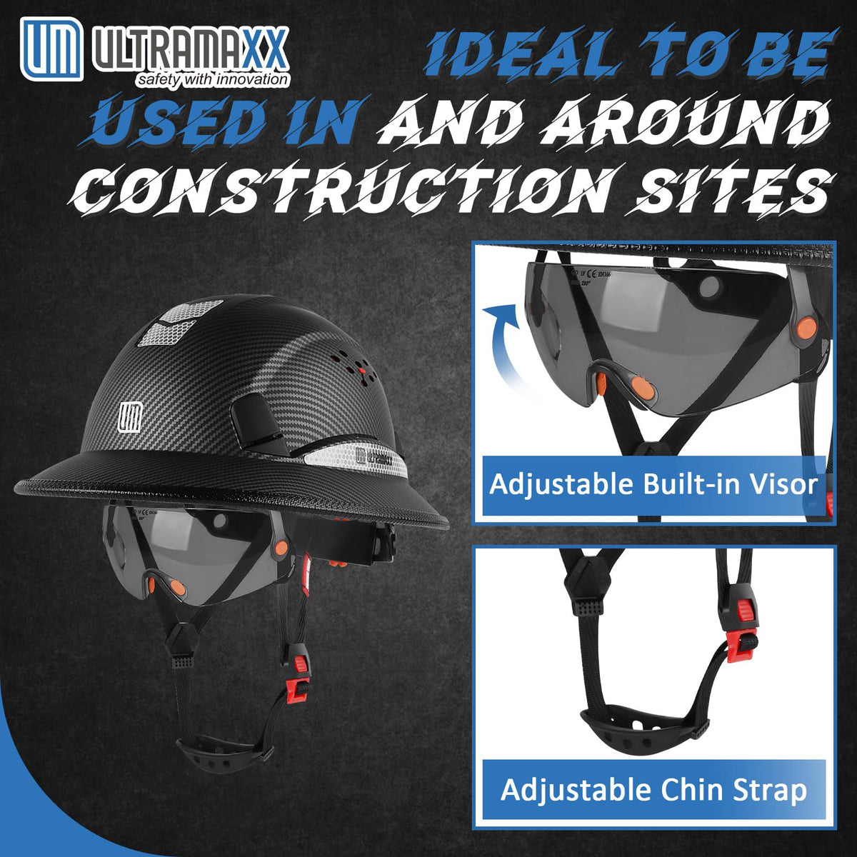 UM Ultramaxx built-in visor reduces glare in bright weather for safer operating conditions.