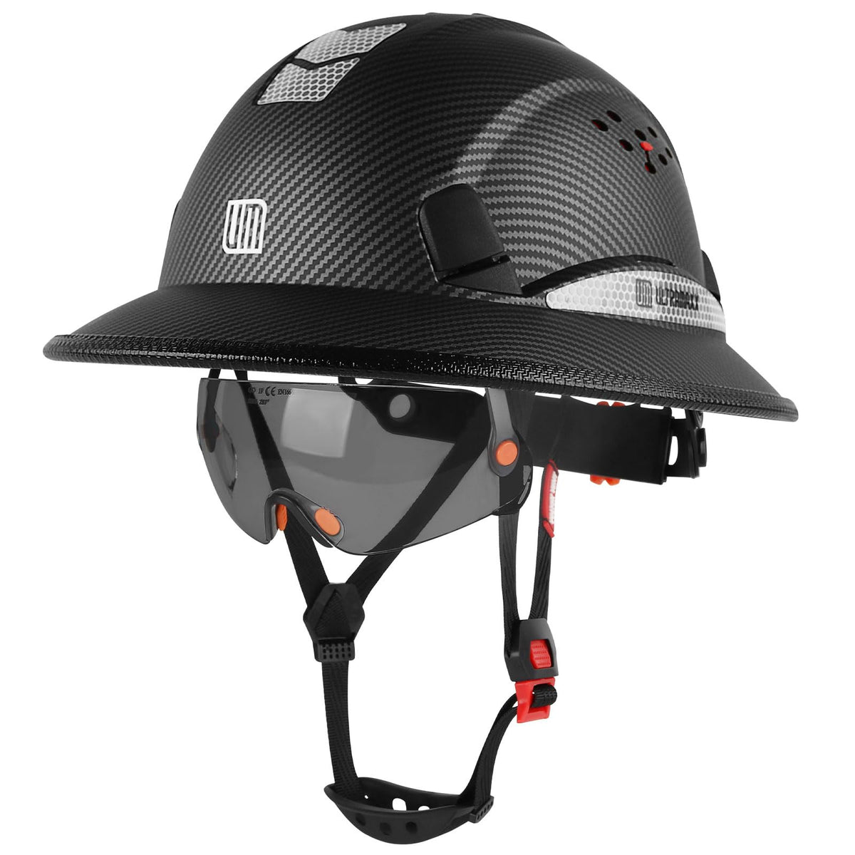 UM Ultramaxx full brim hard hat with built-in visor protects eyes and face on bright, dusty job sites.