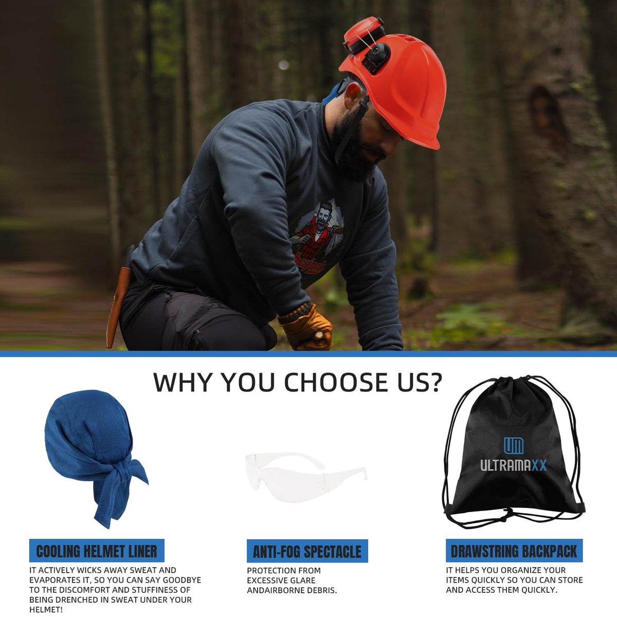 UM ULTRAMAXX 6-in-1 helmet cooling liner keeps you dry during heavy work.