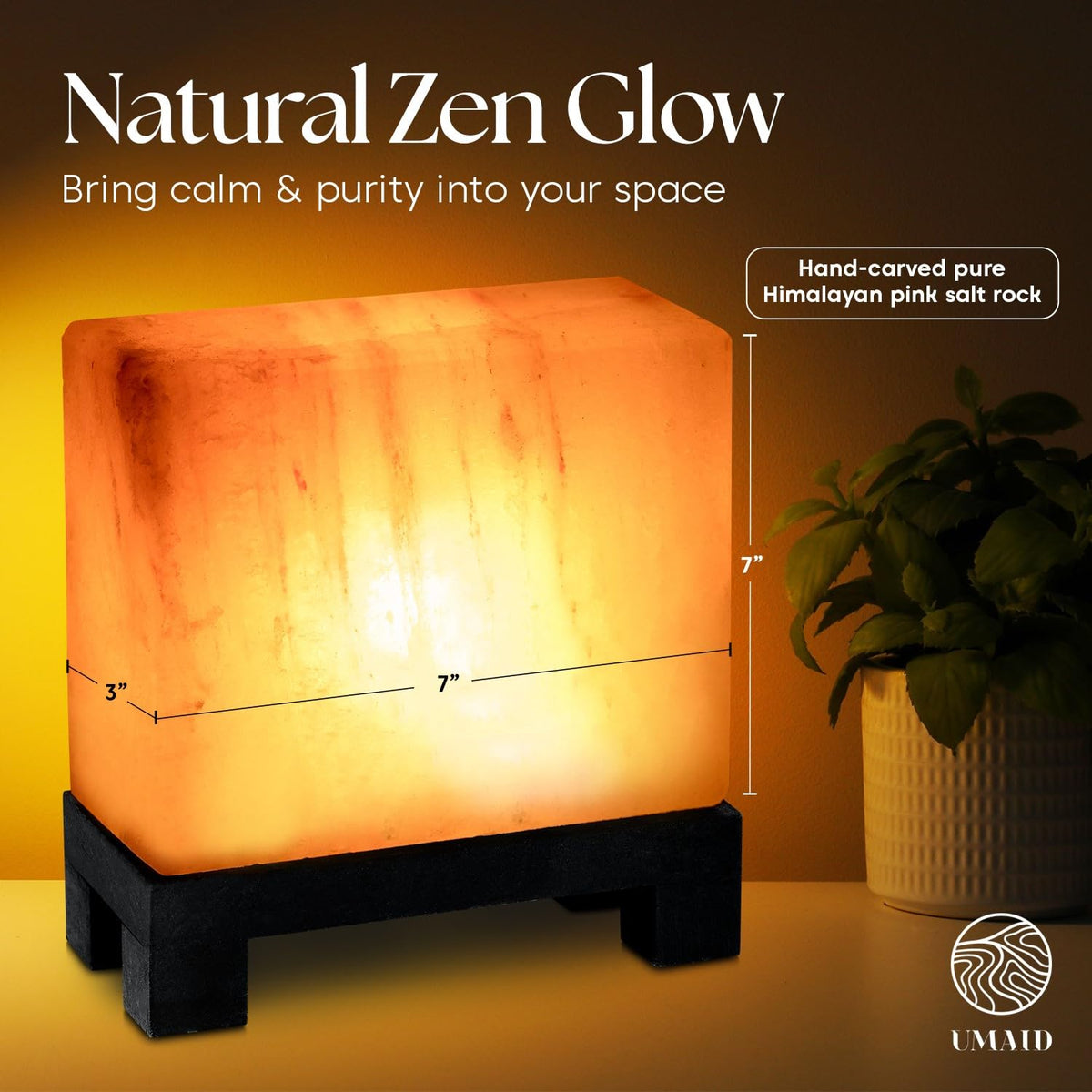 UMAID salt lamp on wood base with dimmable cord for mood lighting.