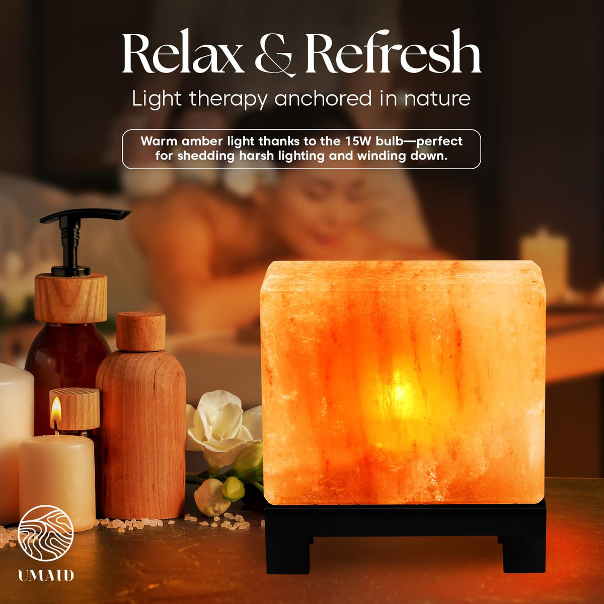 UMAID spa and yoga decor lamp adds tranquil ambiance.