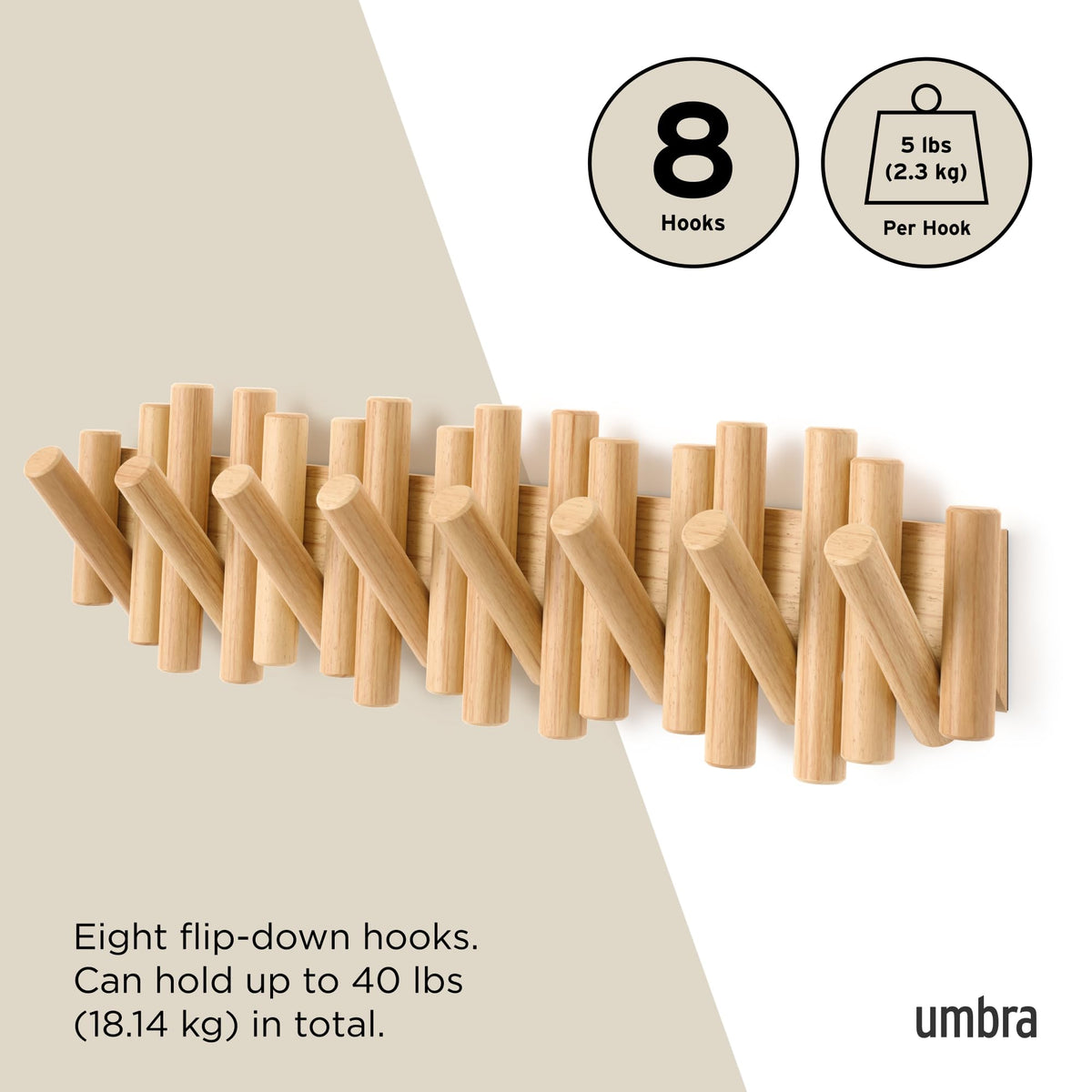 Umbra Picket hooks each hold up to 5 lbs, totaling up to 40 lbs on eight hooks.