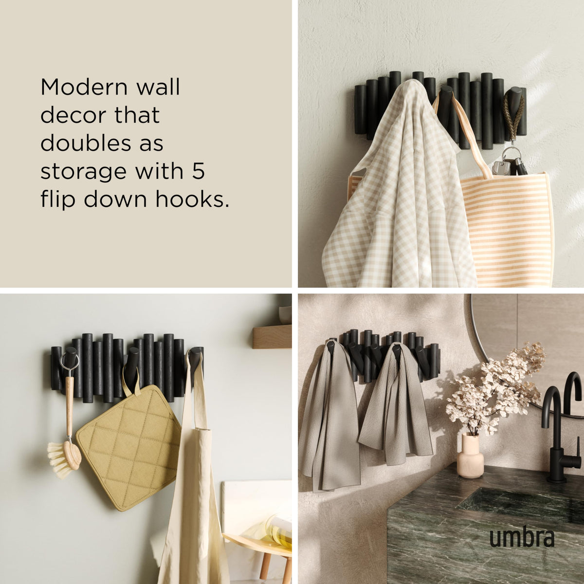 Umbra Picket beveled pine wood adds warmth and natural texture.