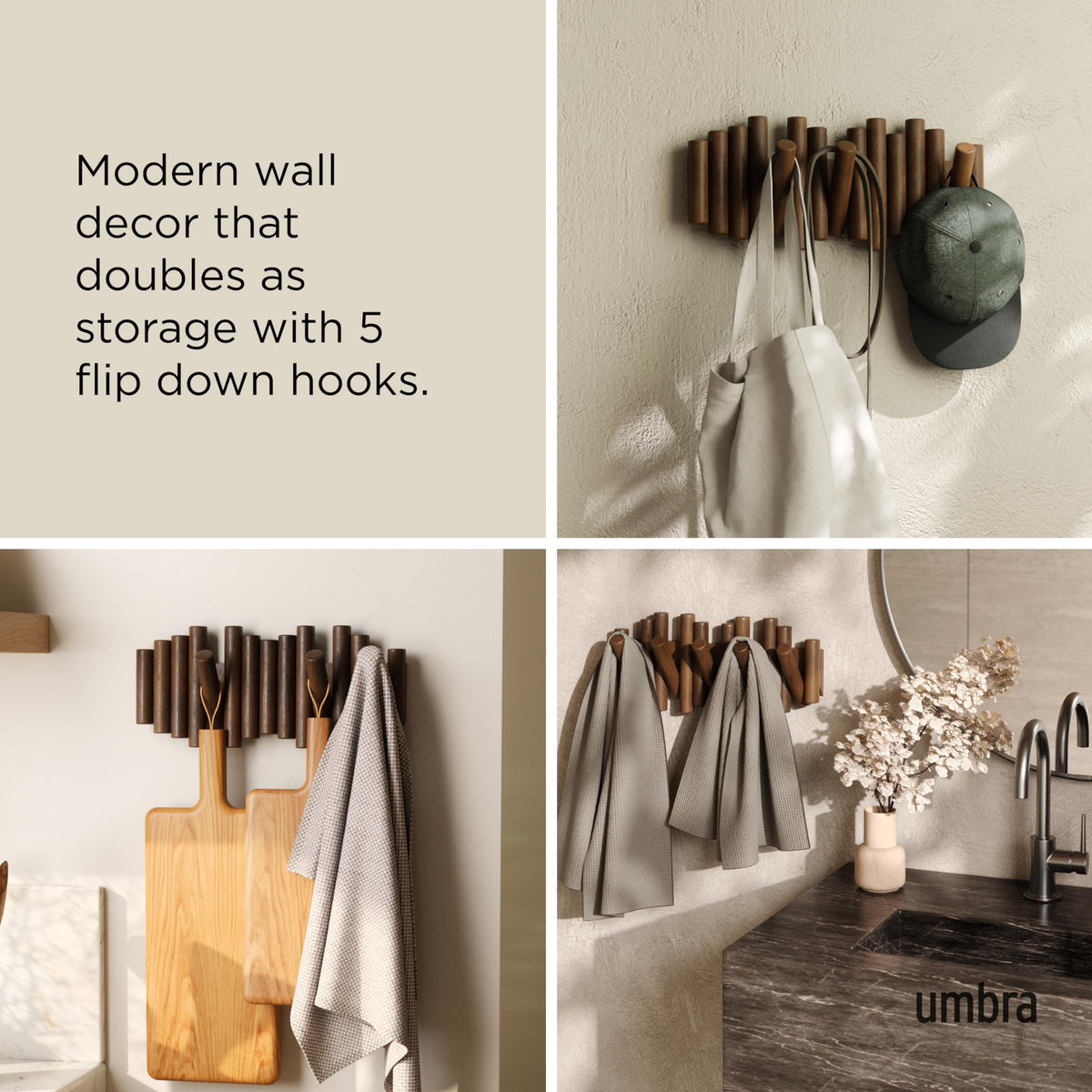 Umbra Picket pine wood with walnut finish highlights natural warmth and texture.