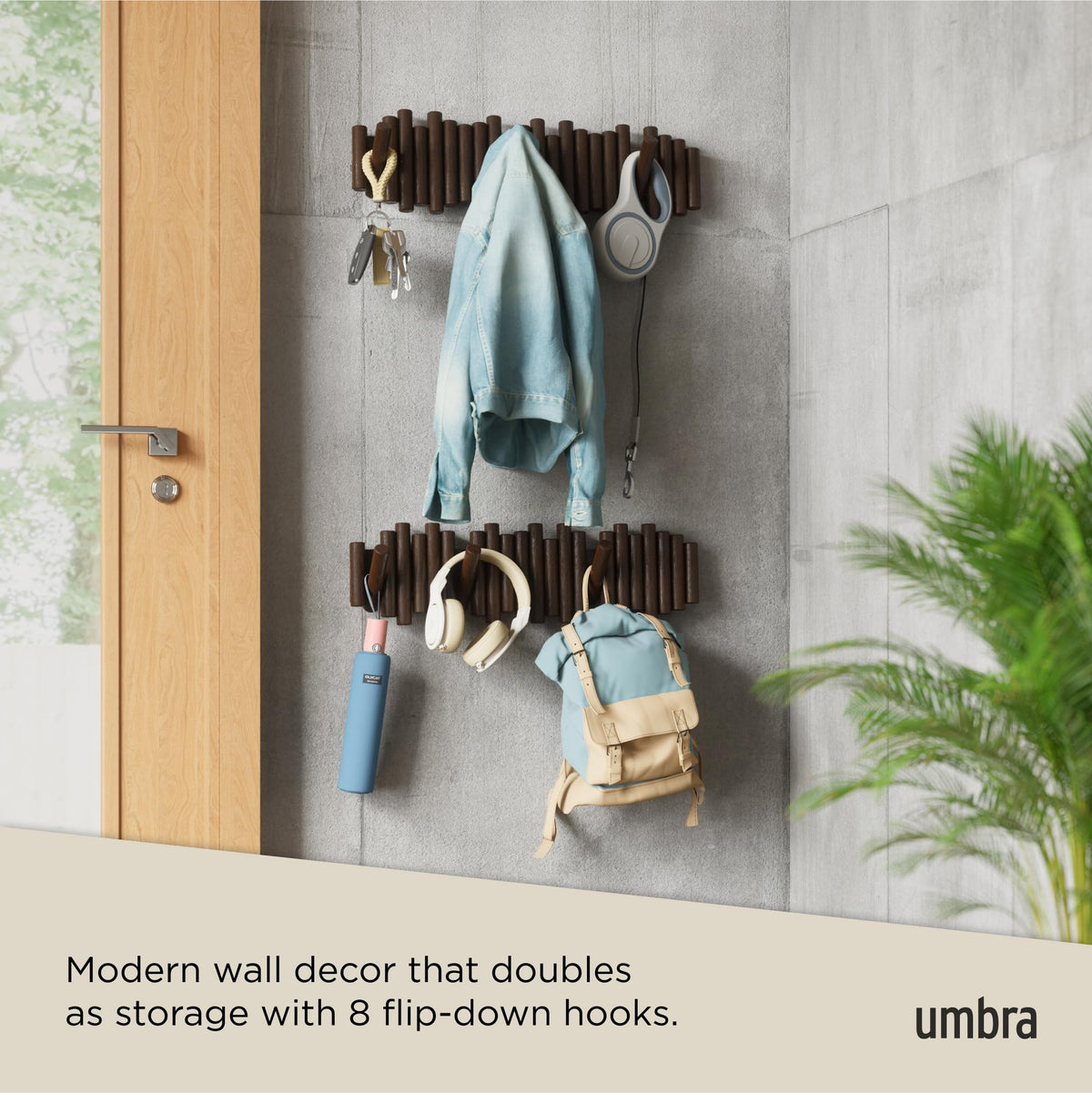 Umbra Picket entryway coat rack offers versatile storage for hats, scarves, and bags.