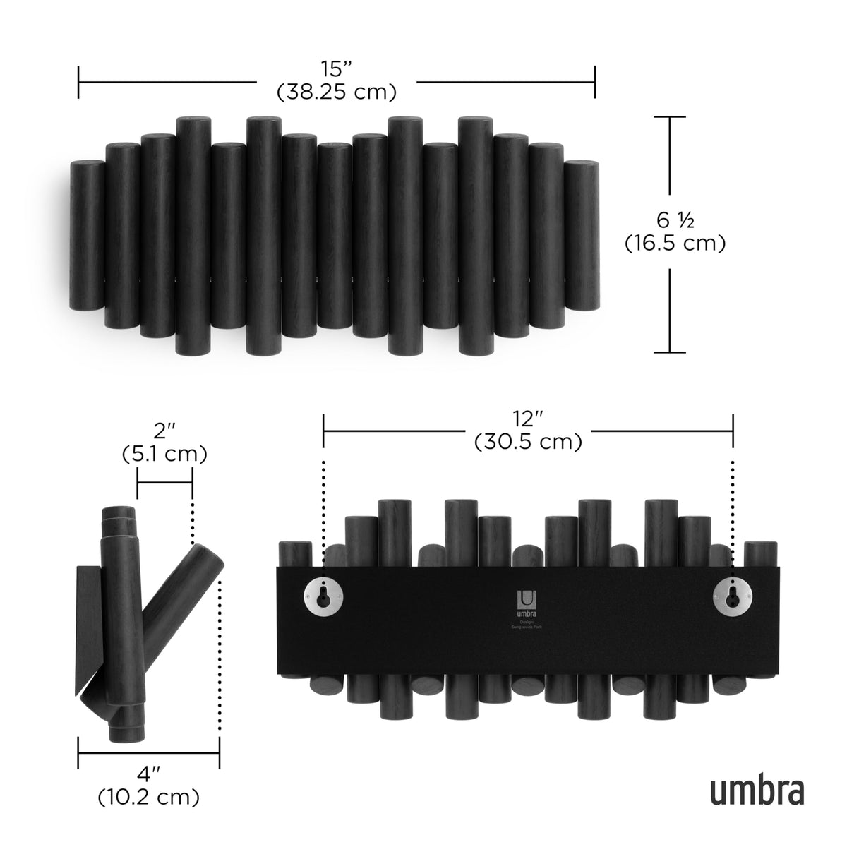 Umbra Picket five-peg configuration provides flexible storage for bags and accessories.