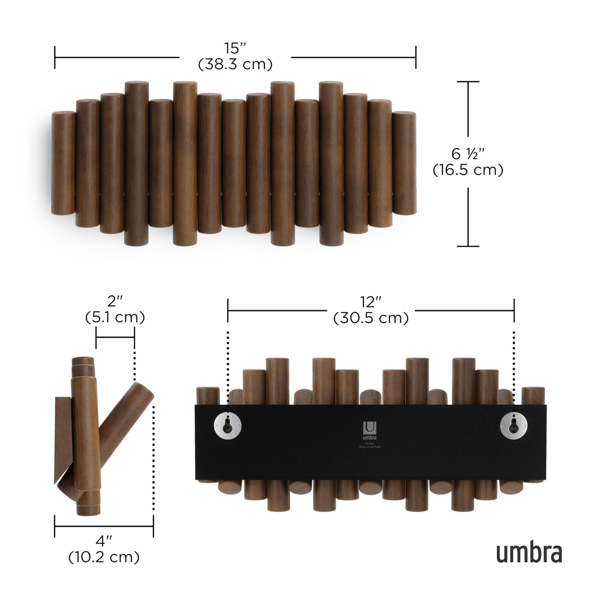 Umbra Picket close-up shows beveled pine wood grain and smooth peg edges.