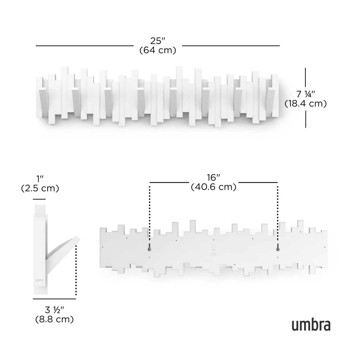 Umbra Sticks folding hooks provide a clean concealed look when not in use.