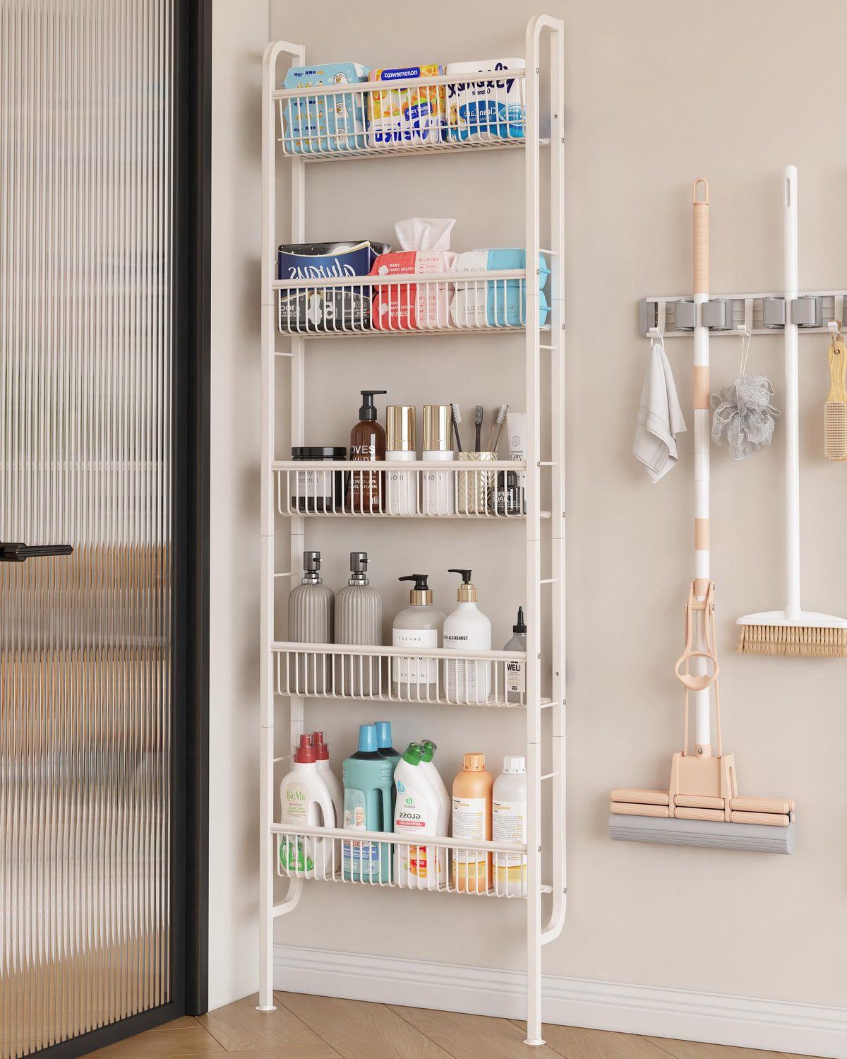 UMDONX Behind The Door 5-tier shelf; space-saving bathroom storage for towels and toiletries.