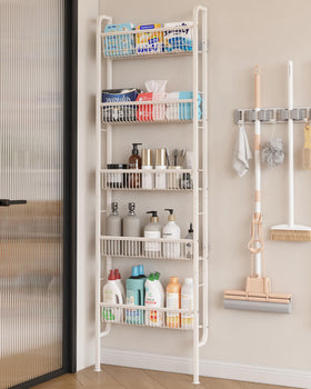 UMDONX Behind The Door 5-tier shelf; space-saving bathroom storage for towels and toiletries.