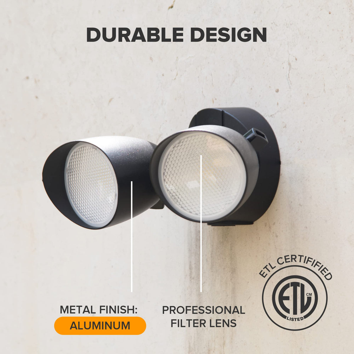 UME 360-degree adjustable dual-head floodlight providing flexible coverage for surroundings.