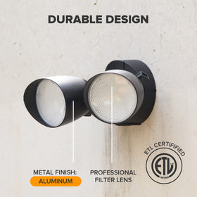 UME 360-degree adjustable dual-head floodlight providing flexible coverage for surroundings.