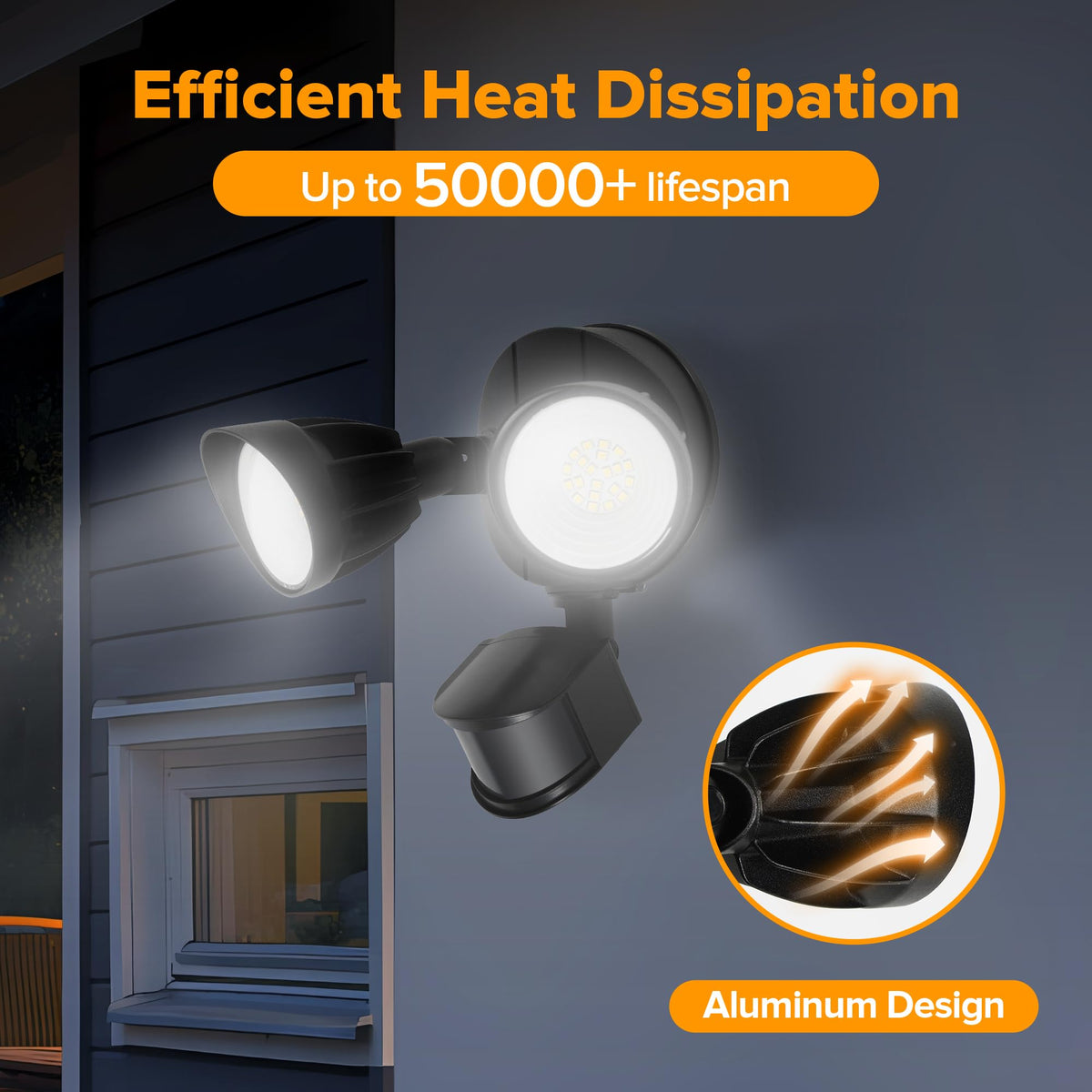 UME LED security light aluminum die-cast body for durability and heat dissipation.