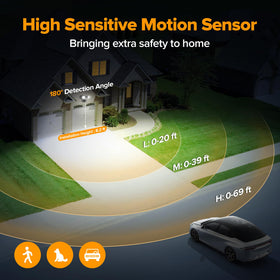 UME LED security light motion detection reaches 69 feet for proactive outdoor illumination.