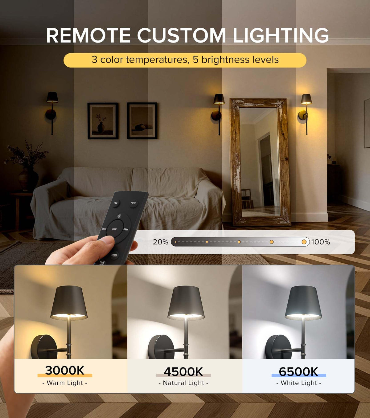 Three color temperature options on UME wireless sconces.