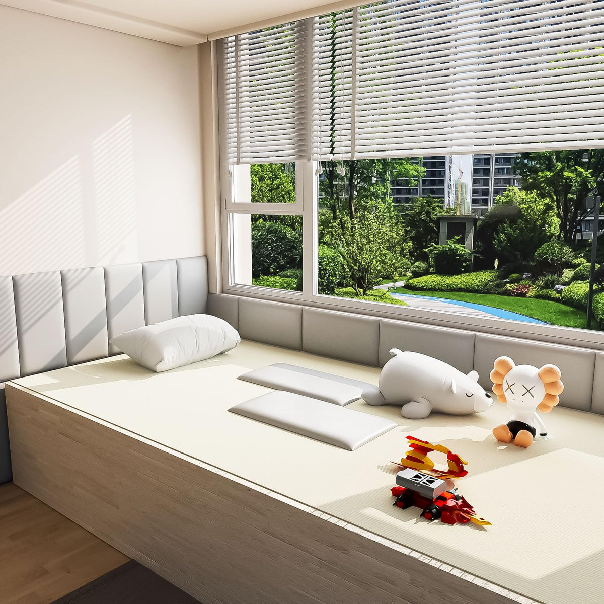 Kids' room setup using Umedol panels as a safe decorative headboard