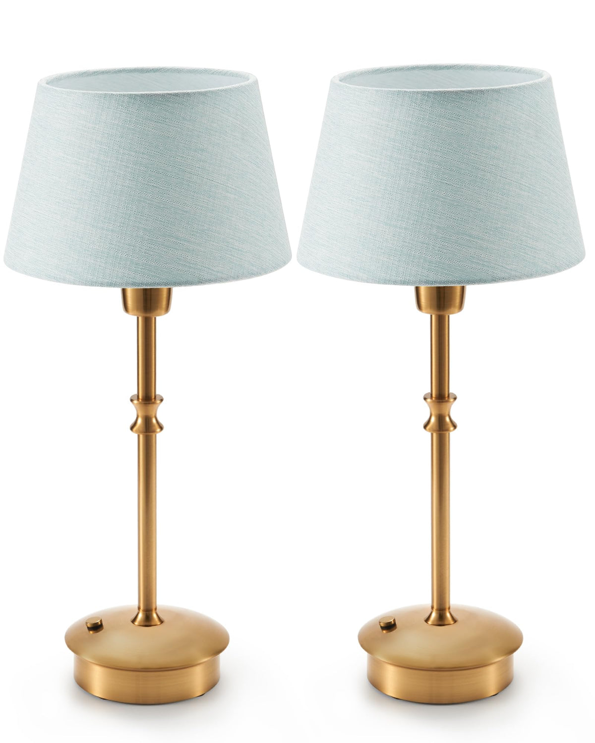 UMEXUS small cordless lamp with blue fabric shade provides soft ambient lighting for any side table.