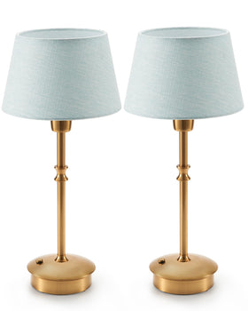 UMEXUS small cordless lamp with blue fabric shade provides soft ambient lighting for any side table.