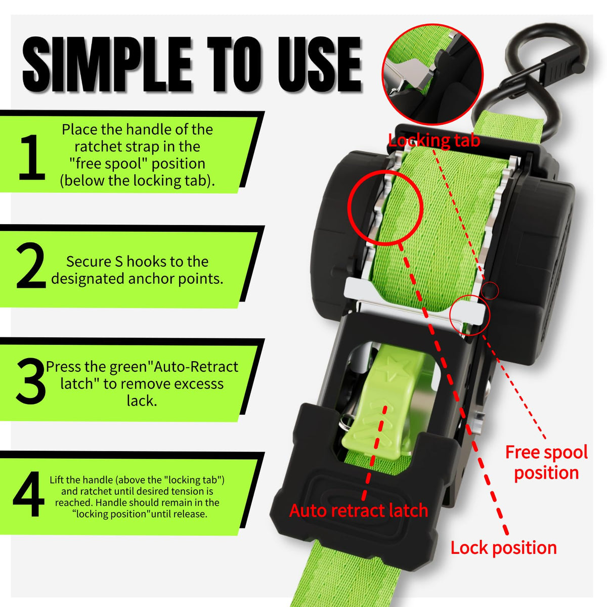UMIRO ratcheting strap securing loads on a truck with green webbing