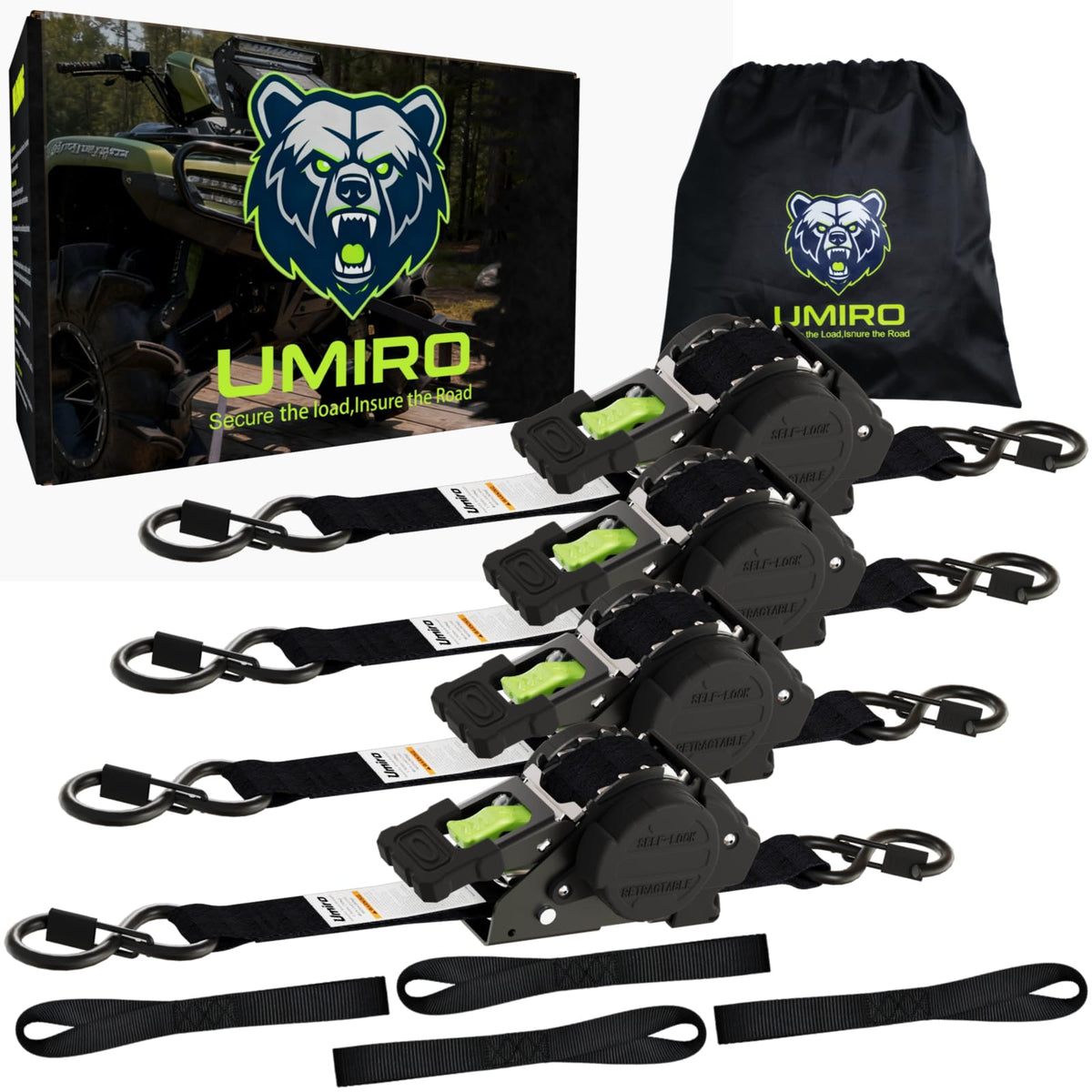 UMIRO retractable ratchet strap in black-green secures cargo on trucks.