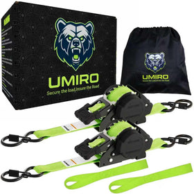 UMIRO retractable ratchet strap 1inch x 12ft in fluorescent green securing cargo on a trailer