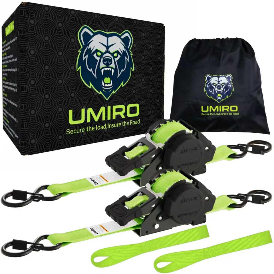 UMIRO retractable ratchet strap 1inch x 12ft in fluorescent green securing cargo on a trailer